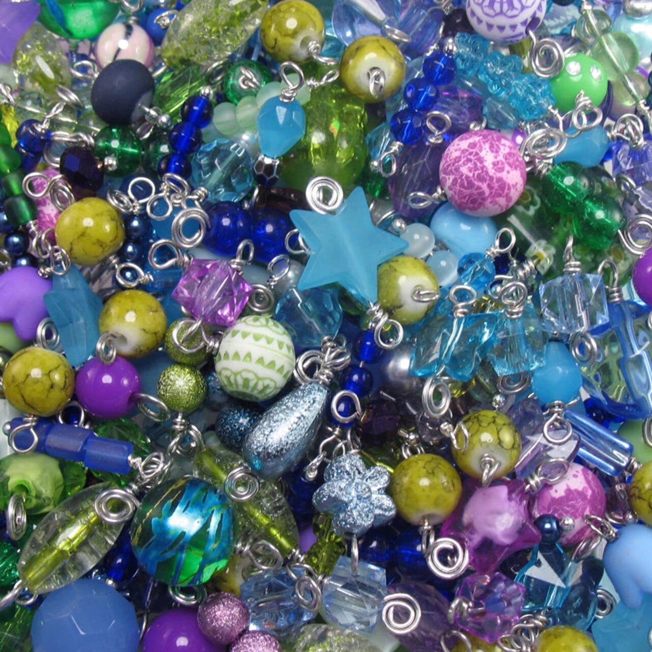 Bulk Bead Charms Grab Bag in Blue, Green & Purple, 100 piece Dangle Charm Pack, Adorabilities